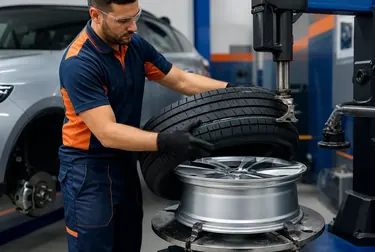 Mecânico substituindo um pneu em um veículo com equipamento profissional.