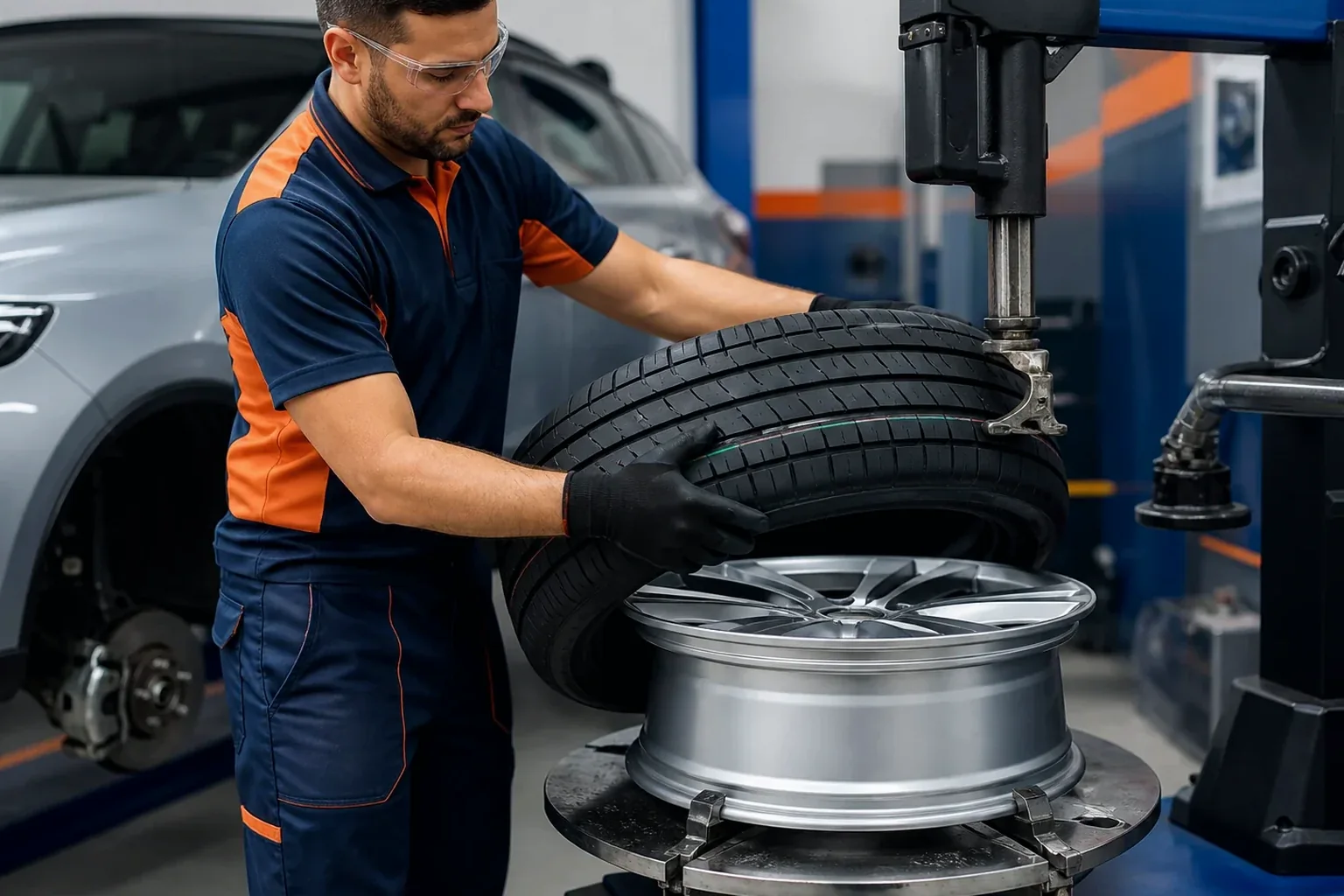 Mecânico substituindo um pneu em um veículo com equipamento profissional.