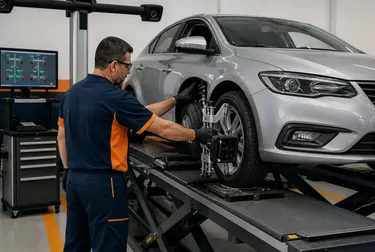 Técnico realizando o alinhamento das rodas de um carro.