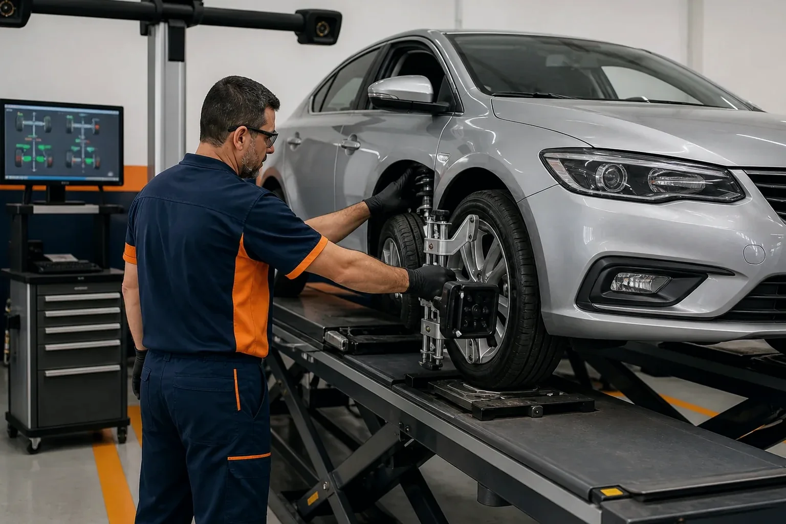 Técnico realizando o alinhamento das rodas de um carro.