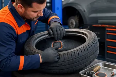 Técnico realizando o conserto de um pneu com ferramentas especializadas.