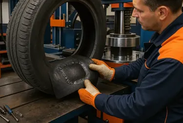 Técnico realizando vulcanização em um pneu danificado.