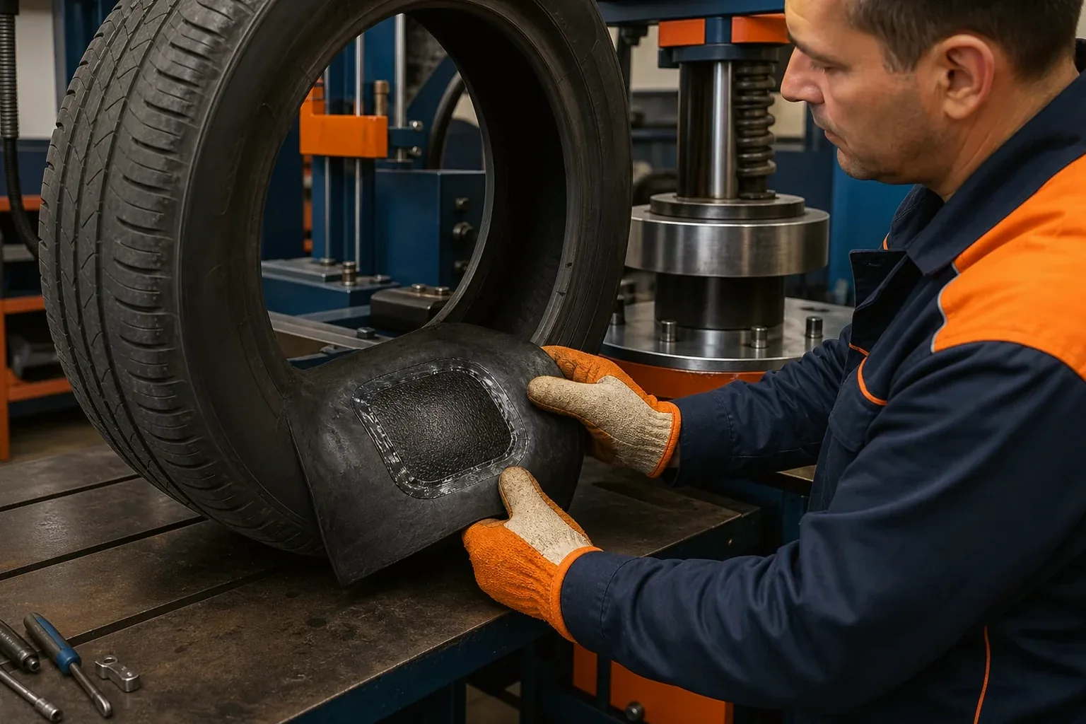 Técnico realizando vulcanização em um pneu danificado.